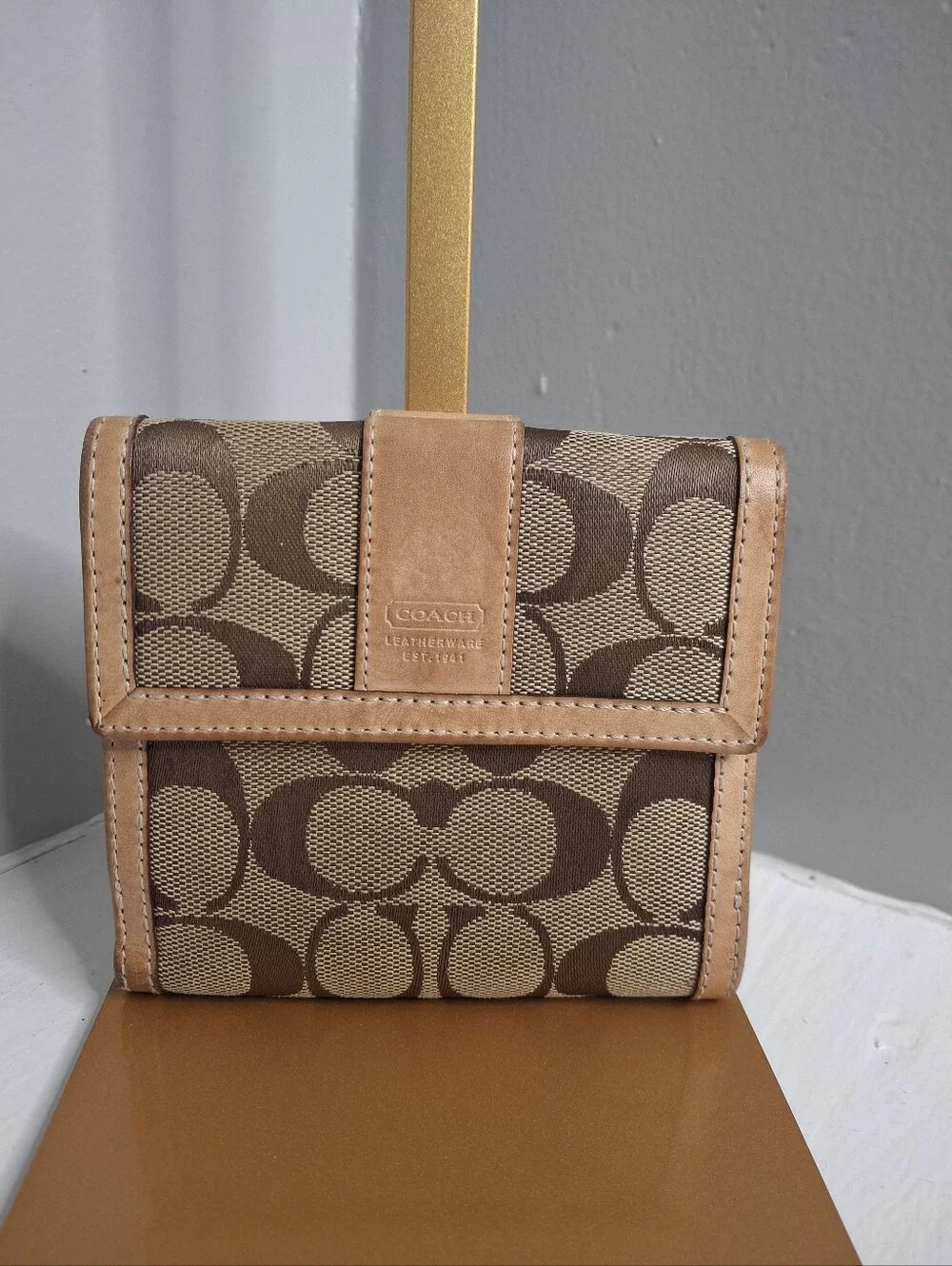 Coach Signature Jacquard Compact Trifold Wallet Khaki Tan